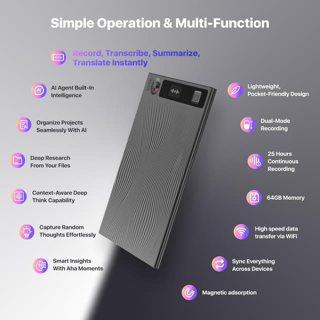 Detalle de Mobvoi TicNote AI Voice Recorder (64GB) with Shadow AI, phone calls & meeting transcription