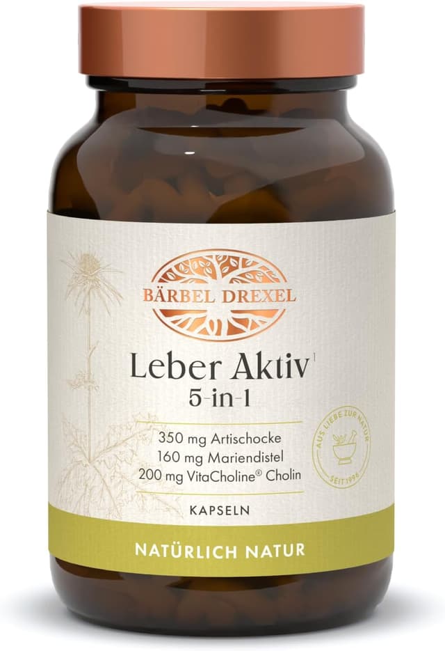 Detalle de BÄRBEL DREXEL Leber Aktiv 5-in-1 Kapseln (60 Stück) mit Cholin, Mariendistel, Löwenzahn, Artischocke, Piperin, Zink, Selen & Vitamin E