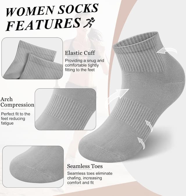 Detalle 2 de Tialfas 10 Pairs Women’s Trainer & Running Socks (4–7) – Breathable Cotton Ankle Quarter Socks, Multipack