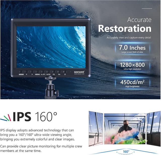 Detalle de NEEWER F100 7-Zoll IPS Feldmonitor 1280×800 mit HDMI-Eingang für DSLR, spiegellose Kameras & Videoaufnahmen