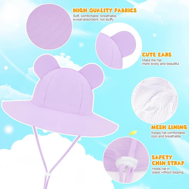 Detalle 2 de DRESHOW Baby Sonnenhut mit Bärenohren, UPF 50+ und Kinnriemen (breite Krempe)