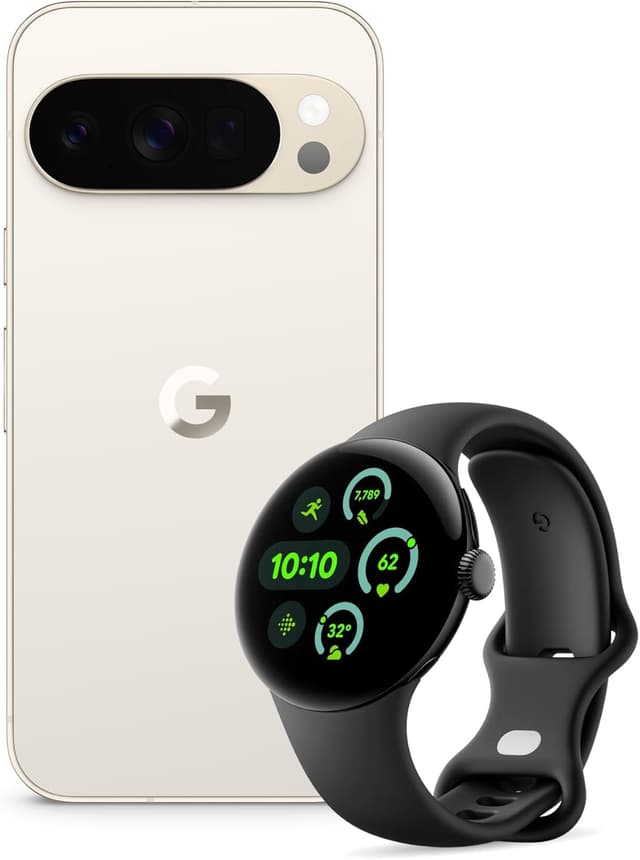 Detalle de Google Pixel 10 Pro (ohne SIM-Lock) mit Gemini, 256 GB + Pixel Watch 3 (45 mm) – Porcelain/Gehäuse Matte Black
