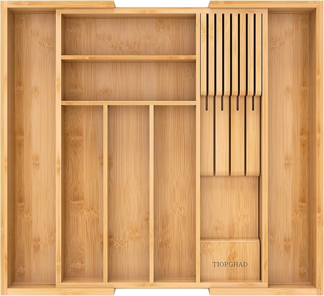 Detalle de TIOPGHAD Bamboo Expandable Silverware & Utensil Drawer Organizer with Detachable Knife Rack