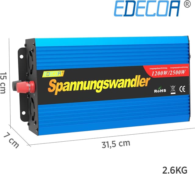 Detalle 2 de EDECOA convertitore 12V→220V 1200W con onda sinusoidale modificata e display LCD