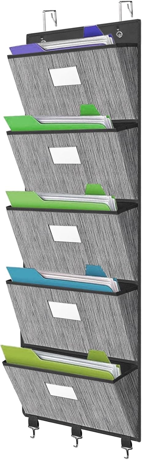 Detalle de VERONLY Over The Door File Organizer (wall mount) with 5 large pockets and labels, dark grey