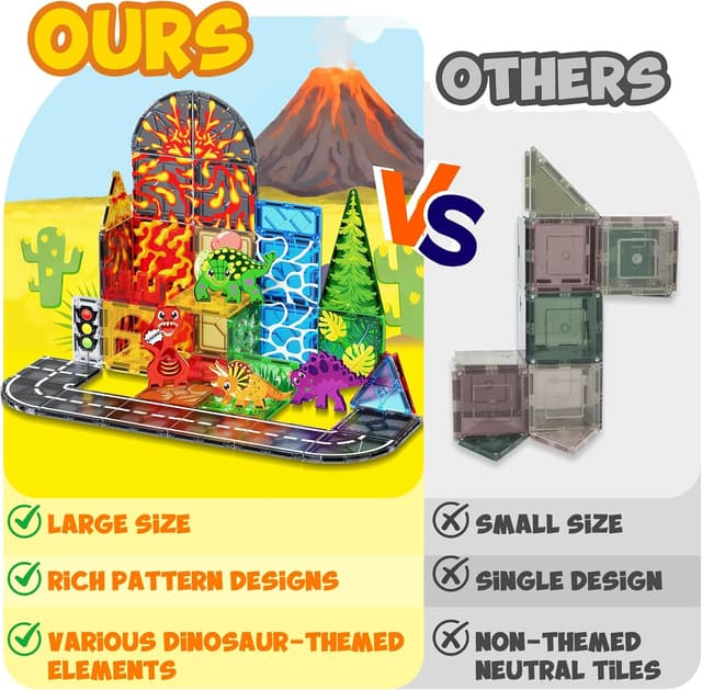 Detalle de Dinosaur Toys Magnetic Tiles Set (44 PCS) for Kids Ages 3–5 and Up — Lava Dinosaur World Magnetic Building Playset
