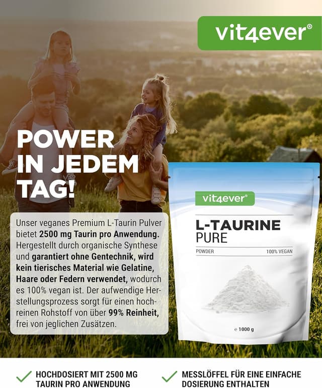 Detalle 2 de vit4ever Taurin Pulver 1.000 g (1 kg) – 99% rein, vegan, mit Dosierlöffel