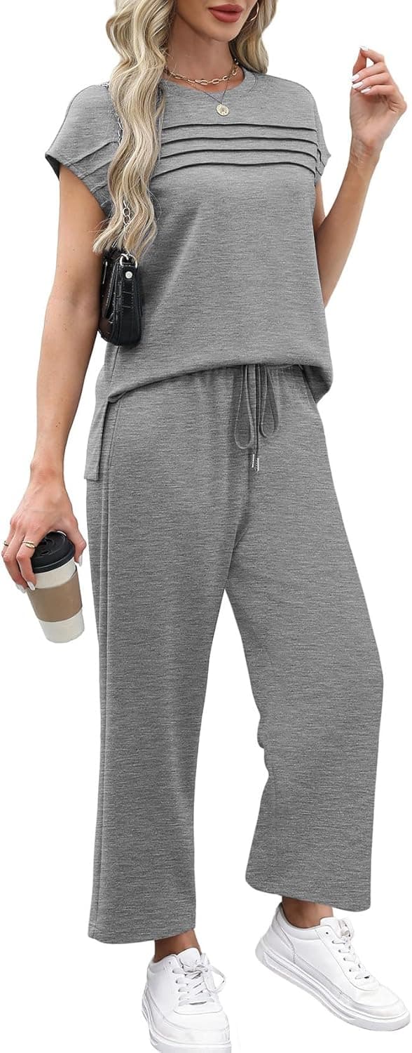 Detalle 2 de WIHOLL Two-Piece Women’s Cap Sleeve Lounge Set with Wide-Leg Crop Pants (S–3XL)