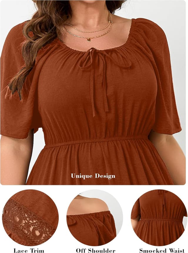 Detalle de RWJ Women’s Plus Size Maxi Dress with Square Neck, Flutter Sleeves & Lace Trim