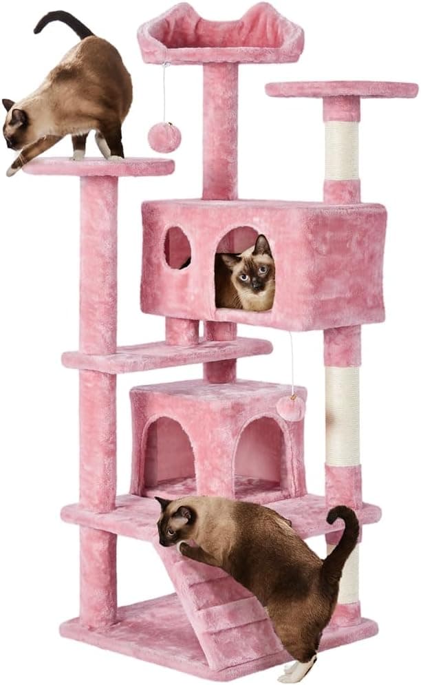 Detalle de Yaheetech Albero tiragraffi per gatti da 137 cm con 2 casette e 2 palline in peluche (sisal naturale) rosa