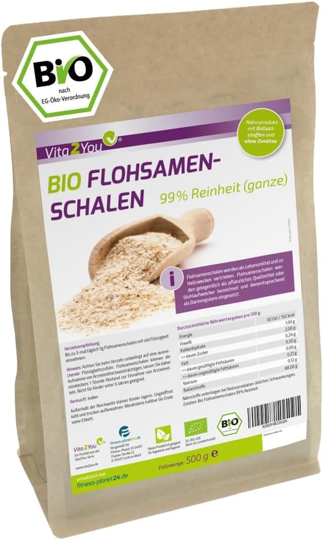 Detalle de Vita2You Bio Flohsamenschalen 99% Reinheit (500 g) – indische Psyllium-Schalen im Zippbeutel