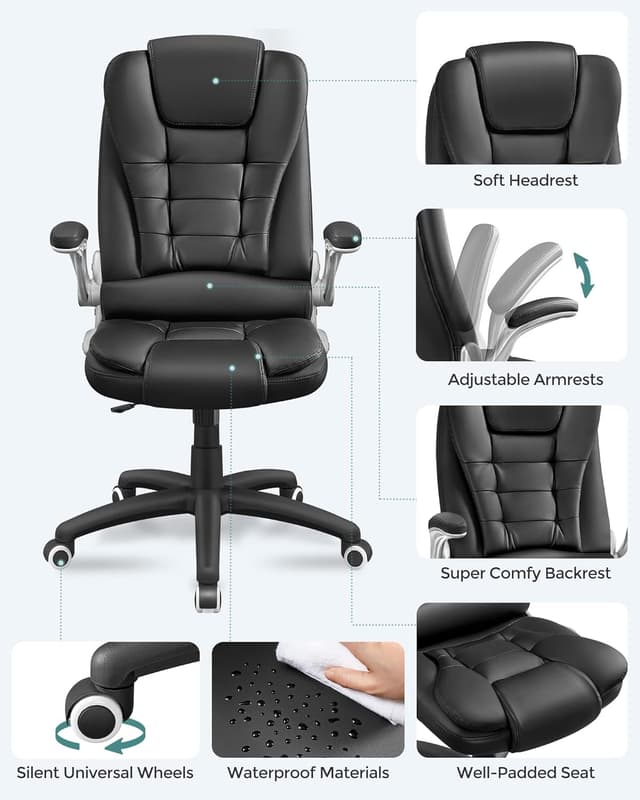 Detalle de SONGMICS Office Swivel Chair (PU OBG51BUK) with 76 cm high back and flip-up armrests