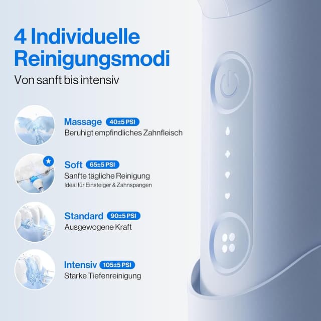 Detalle de usmile C10 tragbare Munddusche (blau) – bis zu 95 Tage Akkulaufzeit, 4 Reinigungsmodi, 180 ml Tank, IPX7