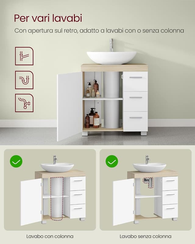 Detalle de VASAGLE Mobile sottolavabo BBK514LL01 30 x 60 x 64 cm bianco nuvola e beige naturale, con 3 cassetti laterali