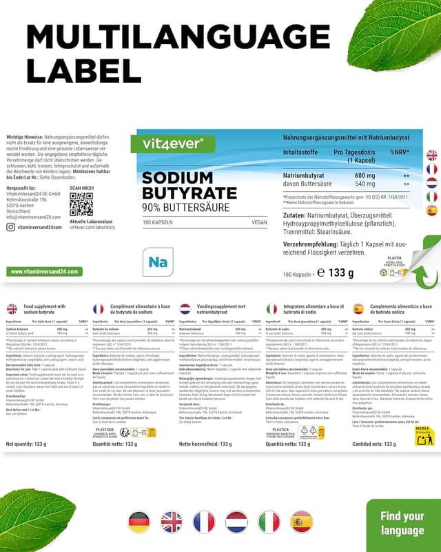 Thumbnail 5 de vit4ever Sodium Butyrate Kapseln mit 600 mg (180 Stück) – hochdosiertes, veganes Natriumbutyrat
