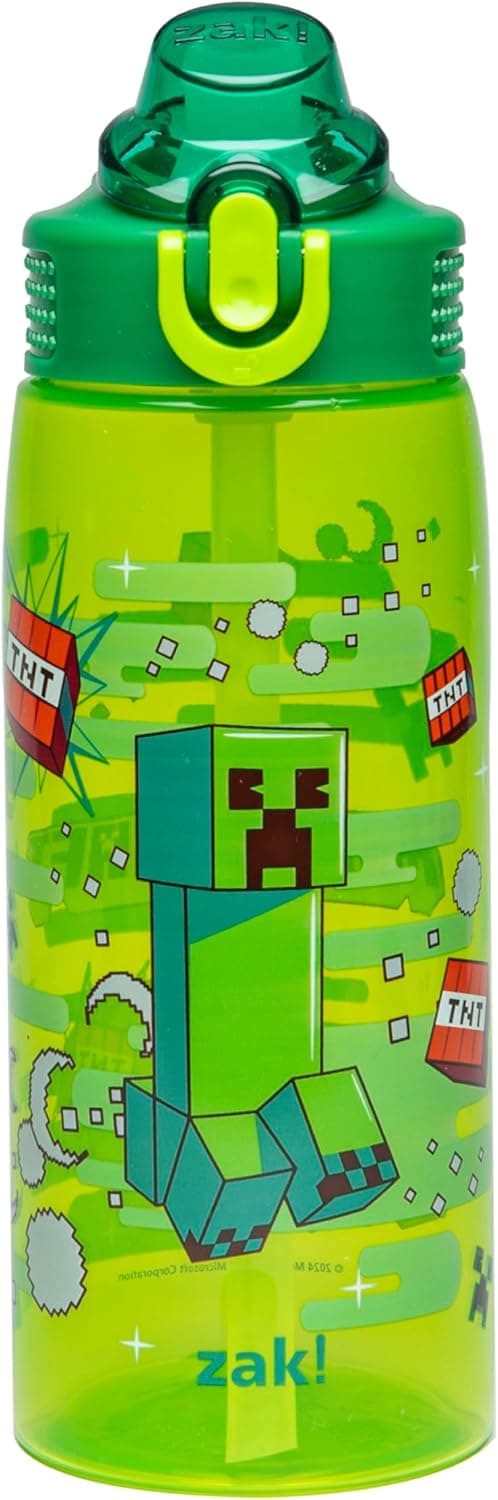 Detalle de Zak Designs Minecraft Sage 25oz Water Bottle (Leak-Proof, Straw, Handle, Spout Cover) — Pop-Up Spout Cover (Creeper)