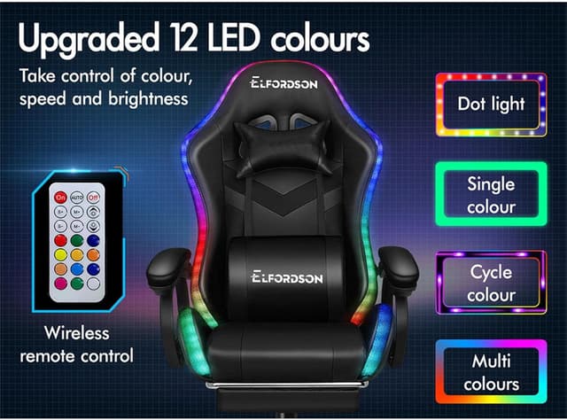 Detalle 2 de ELFORDSON LED Gaming Chair with 8-Point Massage, PU Leather, Black