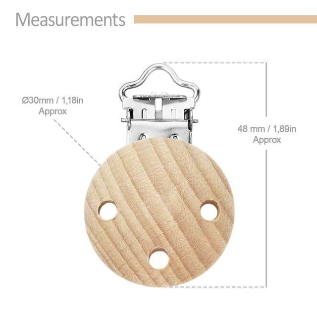 Detalle 2 de RUBY 10er Pack Schnullerclips aus Naturholz, schadstofffrei – mit Metallclip