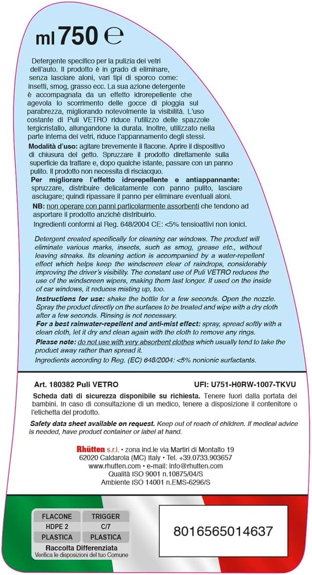 Detalle 2 de Rhütten Pulivetro antipioggia 750 ml: effetto idrorepellente e antiappannante