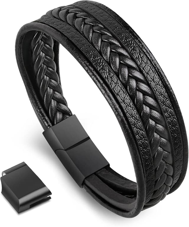 Detalle de flintronic Echtleder-Armband für Herren (Schwarz) mit geflochtenem Look und Magnetverschluss