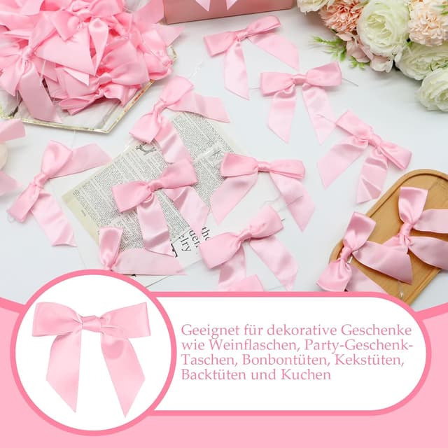 Detalle 2 de KASURE 60 Stück Schleifen Weihnachtsbaum in Rosa – kleine Satinschleifen mit Draht zum Basteln & Verpacken