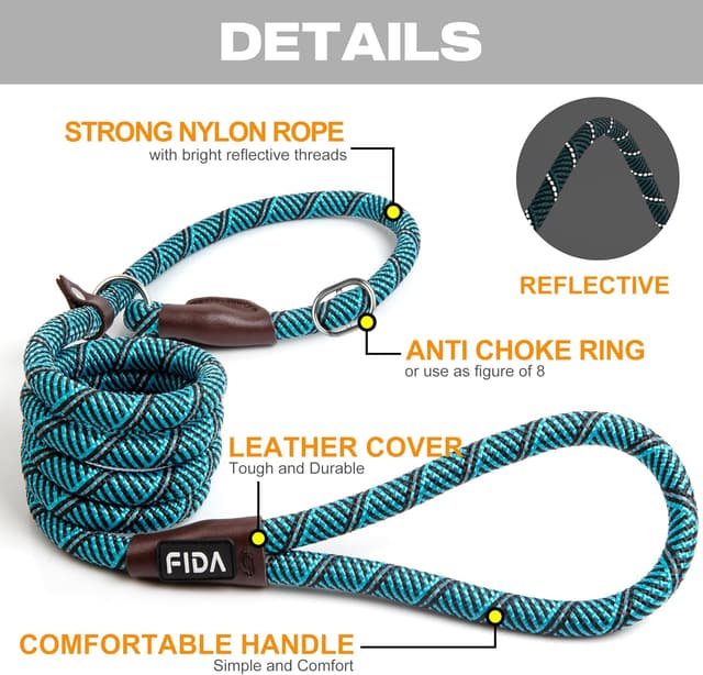 Detalle de Fida Slip Lead for Dogs 1.8m One-Size Rope Leash with Reflective Stitching (Blue)