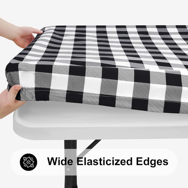 Detalle 2 de Smiry Rectangle Picnic Table Cloth (Elastic, Waterproof Fitted Vinyl) — Black and White, 30" x 72