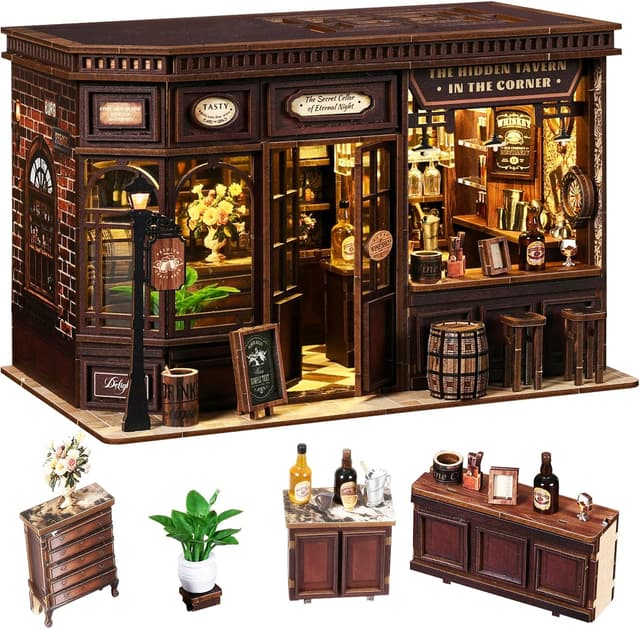 Detalle de Teoryieer Wooden Booknook DIY 3D con luci LED e coperchio antipolvere – Piccola Taverna