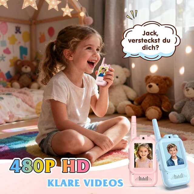 Detalle de Video Walkie Talkie Kinder-Set (2er Set) – 5 km Reichweite, aufladbar, Video- & HD-Audio für 3–12 Jahre (Blau+Rosa)
