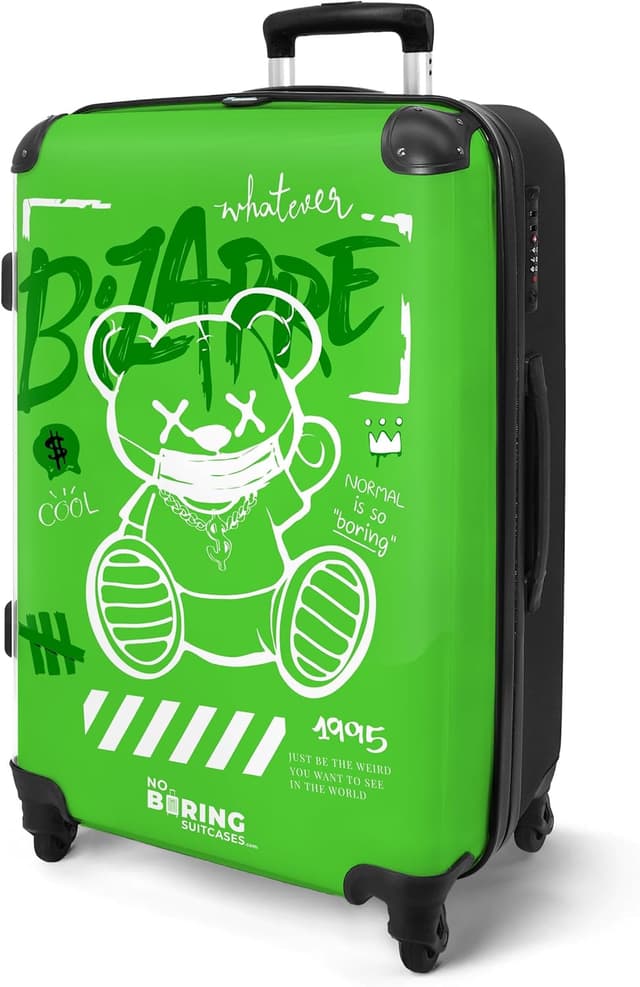Detalle de Valigia grande rigida NoBoringSuitcases.com con serratura TSA, trolley medio e design Orsetto di Peluche verde