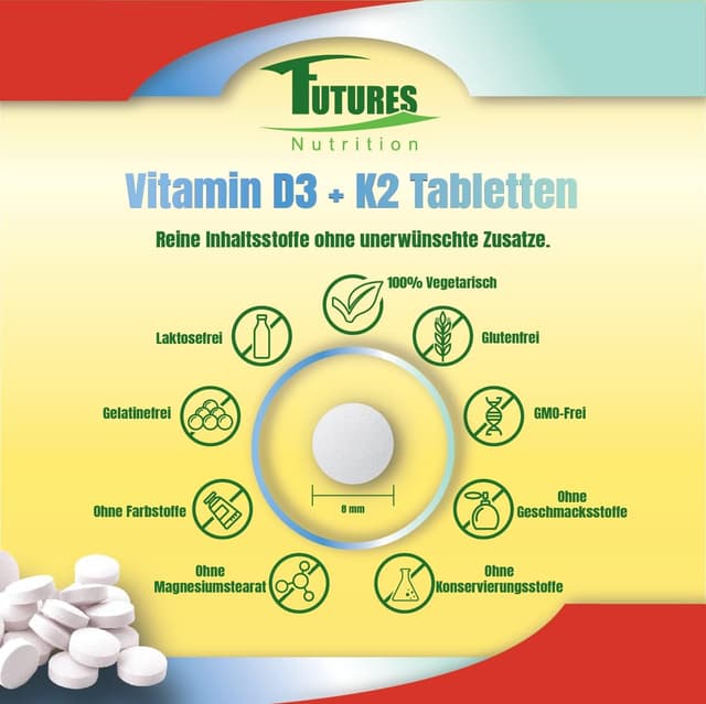 Thumbnail 6 de FUTURES NUTRITION Vitamin D3 K2 5000 I.E (vegan) – hochdosiert, nur 1 Tablette alle 5 Tage, 365 Tabletten