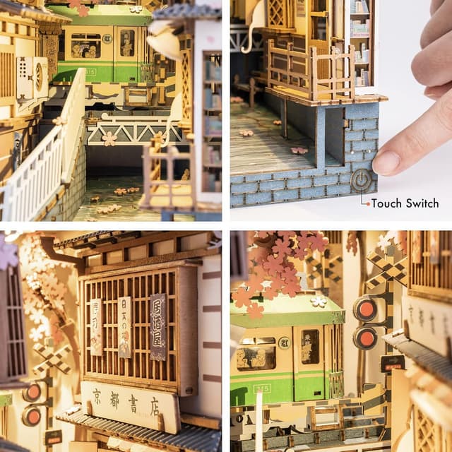 Detalle 2 de Rolife Book Nook Kits 3D Holzpuzzle „Sakura Densya“ – DIY-Bausatz für Bücherregal & Buchstützen