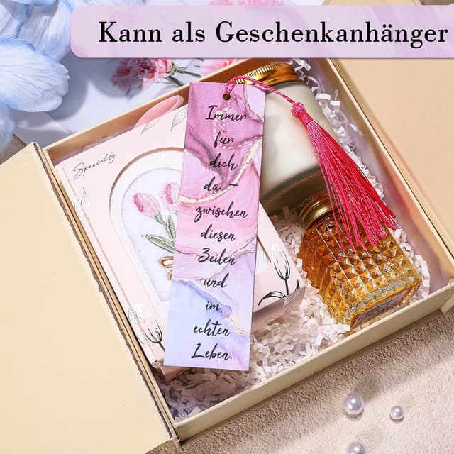 Detalle de 24er Lesezeichen-Set mit Marmorierung & Quasten (beschriftbar), 15 x 4 cm – 12 Farben