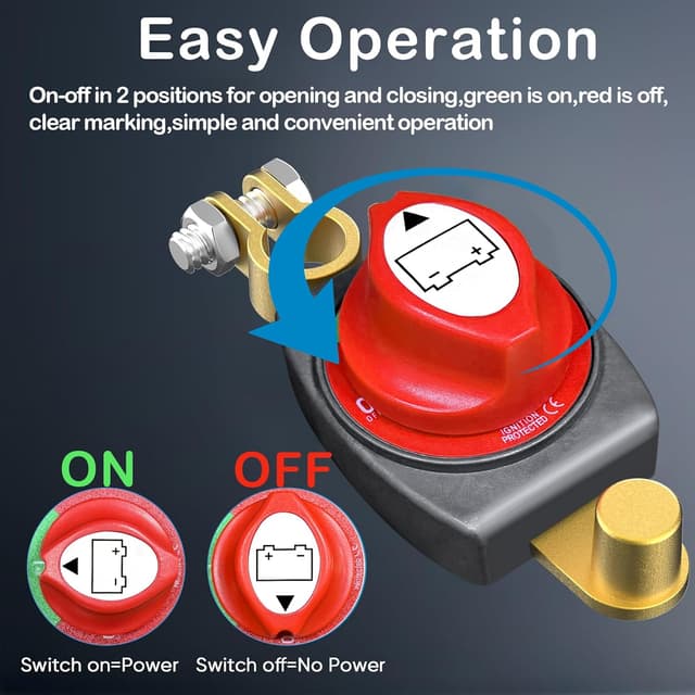 Detalle de TZEKING Batteriehauptschalter (2er-Set) für DC 12–48V – Trennschalter zum Isolieren der Auto-, Motorrad- und Marine-Batterie