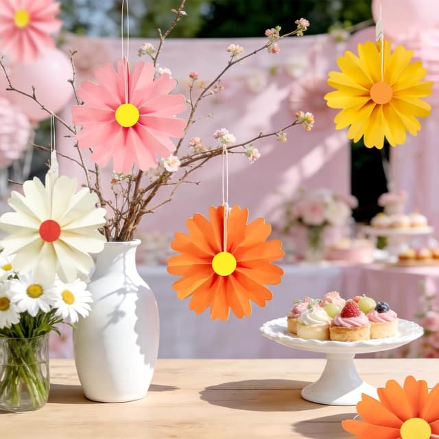 Detalle de SUNBEAUTY 48er Set Papierfächer Deko (Ø 15 cm) mit Stickern – orange & gelb für Party, Garten, Hochzeit & Kinder