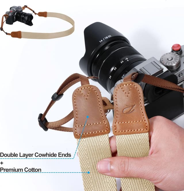 Detalle de Padwa Lifestyle Off White Camera Strap – Double-layer Crazy Horse Ends, 1.5in woven cotton strap