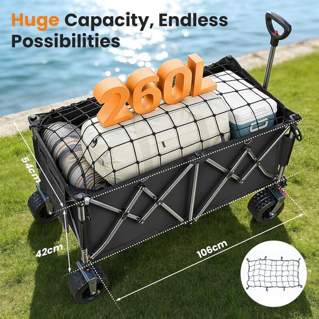 Thumbnail 4 de YEAUPE PRO Carrello pieghevole da spiaggia e campeggio da 150 kg, 260 L (nero) con doppi freni anteriori
