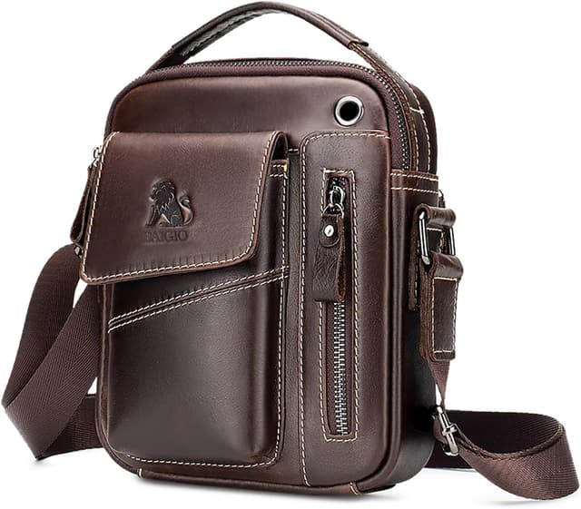 Detalle de BAIGIO men’s vintage leather shoulder bag (crossbody messenger) with adjustable strap