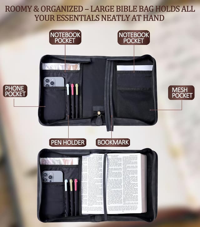 Detalle 2 de Vegan Leather Bible Cover Case with Phone Pocket (Large) – Black Cross Design