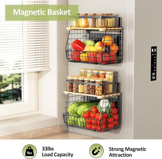 Detalle de GGIU Magnetic Shelf for Fridge with Wood Lid (2-Pack) – Fruit, Potato & Onion Storage Bin