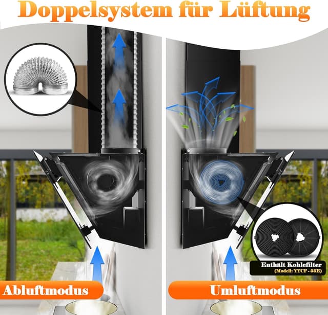 Detalle 2 de SNDOAS A+++ 90 cm Dunstabzugshaube (Abluft/Umluft) 450 m³/h, 3 Stufen + Boost, Schräghaube schwarz