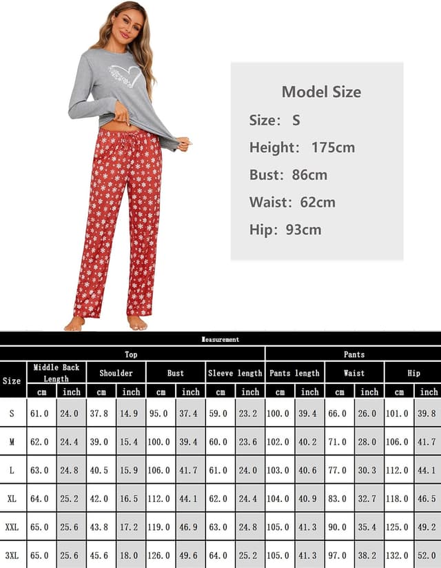 Detalle de Demegimi Damen Schlafanzug lang mit Rundhals, Baumwolle – Winter-Pyjama mit Schneeflocken-Motiv