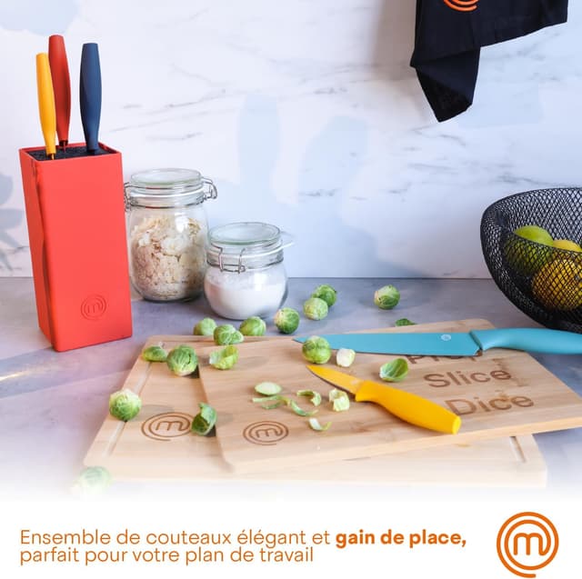 Detalle de Coffret de 5 couteaux de cuisine MasterChef avec bloc — couteau d’office, pain, chef, multi-usage et tranchant