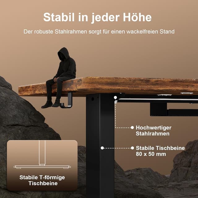 Thumbnail 6 de JUMMICO höhenverstellbarer Schreibtisch 200 x 80 cm (Steh-Sitz) mit Kabelwanne, elektrisch & USB – Vintage-Braun