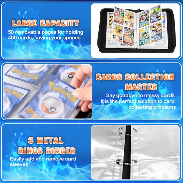 Detalle 2 de Sammelalbum für Karten mit 50 Seiten und bis zu 400 Karten – wasserdichter Kartenhalter mit Reißverschluss