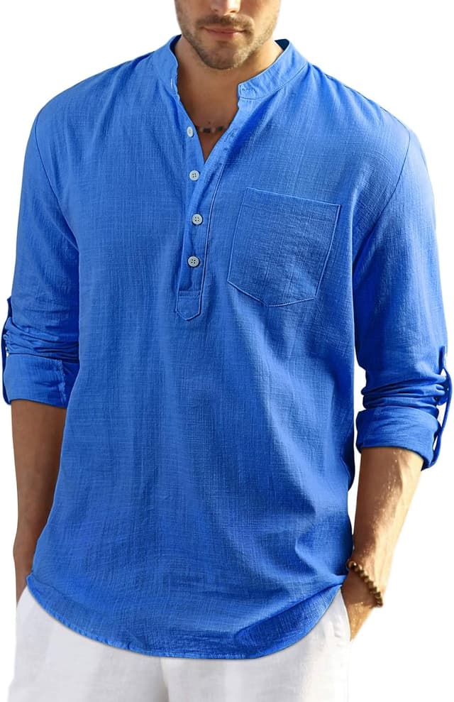 Detalle de Enlision Herren Baumwoll-Leinenhemd Langarm Regular Fit – Sommerhemd mit Brusttasche