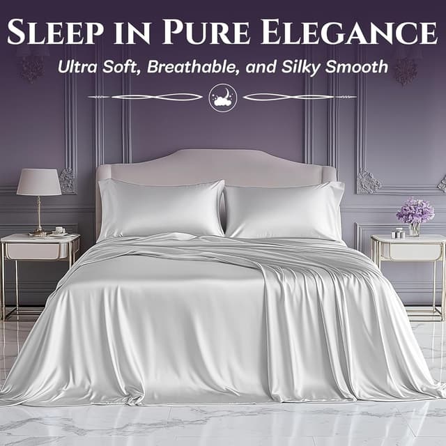 Detalle 2 de SLEEP SANCTUARY Satin Sheets Queen Size (4-Piece) – Cooling, Wrinkle-Free, Moisture-Wicking Bed Set in White