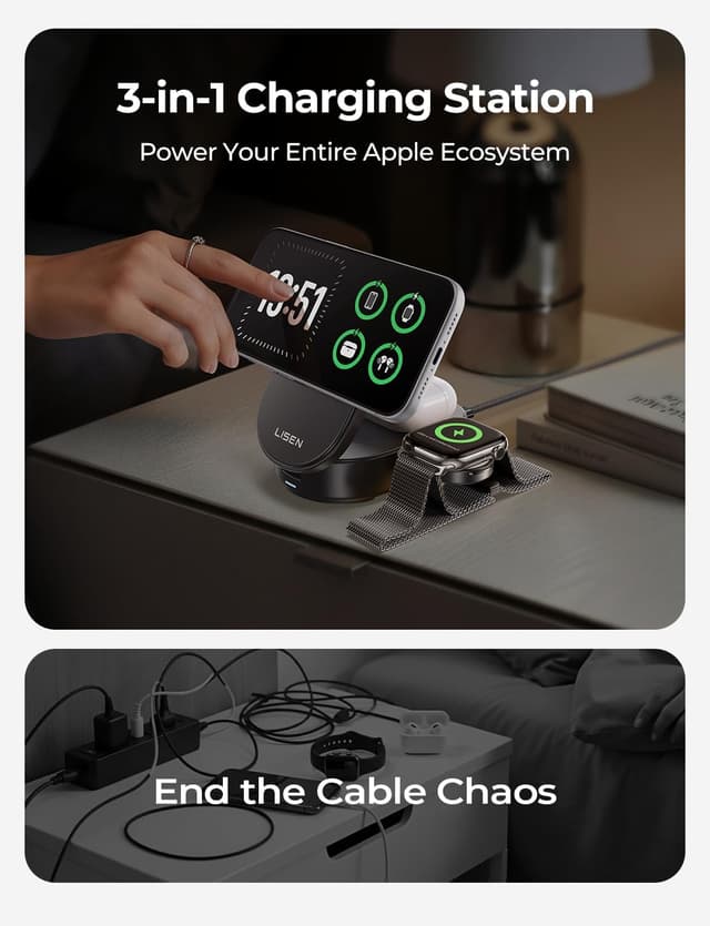 Detalle de LISEN 3-in-1 Ultra-Fast 25W Foldable Qi2.2 MagSafe Wireless Charging Stand