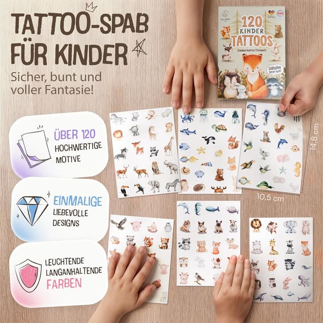 Detalle 2 de Lunablu 120 hautfreundliche Kinder Tattoos (dermatologisch zertifiziert) – bunte Tier-Motive, Made in Germany