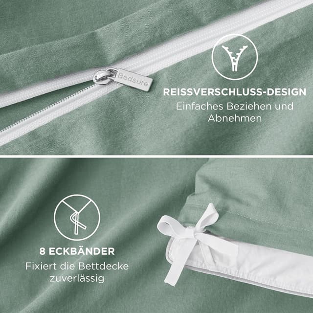 Detalle de BEDSURE Bettwäsche 135x200 aus Baumwolle, 4-teilig (Salbeigrün) mit Reißverschluss